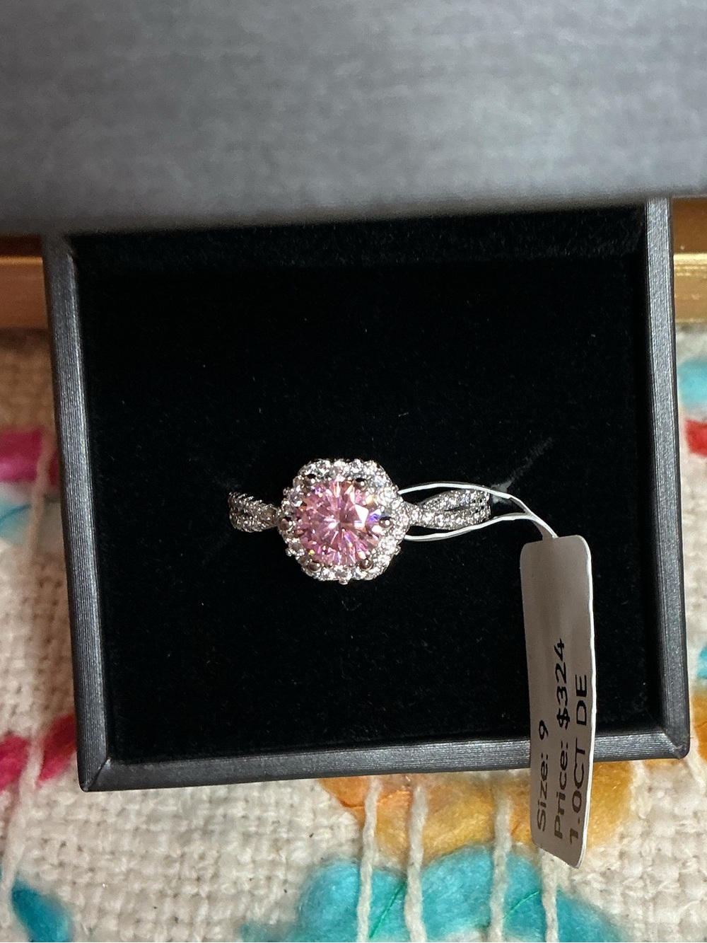 NWT STERLING Silver Pink Halo Ring with Sparkling MOISSENITE